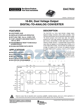 DAC7632VFR datasheet - 16-Bit, Dual Voltage Output DIGITAL-TO-ANALOG CONVERTER