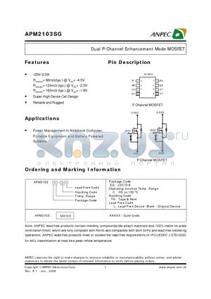 APM2103SG datasheet - Dual P-Channel Enhancement Mode MOSFET