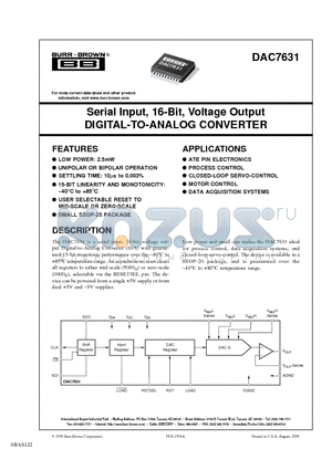 DAC7631 datasheet - Serial Input, 16-Bit, Voltage Output DIGITAL-TO-ANALOG CONVERTER