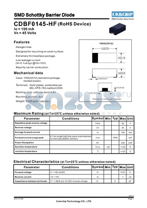 CDBF0145-HF datasheet - SMD Schottky Barrier Diode