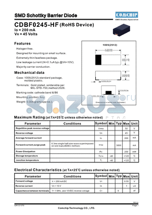 CDBF0245-HF datasheet - SMD Schottky Barrier Diode