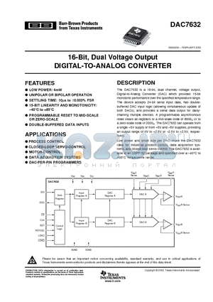 DAC7632VFT datasheet - 16-Bit, Dual Voltage Output DIGITAL-TO-ANALOG CONVERTER