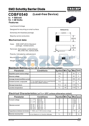 CDBF0540 datasheet - SMD Schottky Barrier Diode