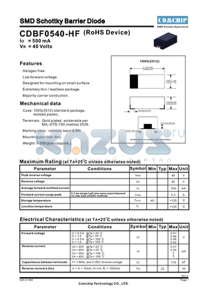 CDBF0540-HF datasheet - SMD Schottky Barrier Diode
