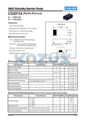 CDBF54 datasheet - SMD Schottky Barrlier Diode