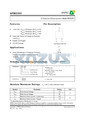 APM2305AC-TR datasheet - P-Channel Enhancement Mode MOSFET