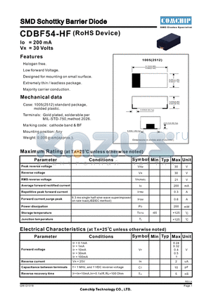 CDBF54-HF datasheet - SMD Schottky Barrier Diode