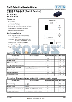 CDBF70-HF datasheet - SMD Schottky Barrier Diode