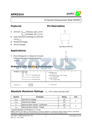 APM2314 datasheet - N-Channel Enhancement Mode MOSFET