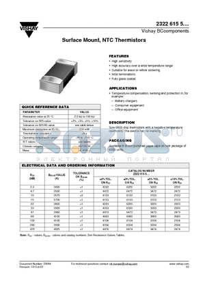 232261553474 datasheet - Surface Mount, NTC Thermistors