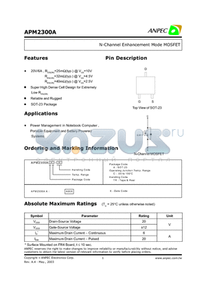 APM2300A datasheet - N-Channel Enhancement Mode MOSFET