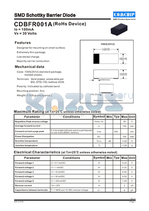 CDBFR001A datasheet - SMD Schottky Barrier Diode