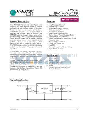 AAT3223IGU-2.85-T1 datasheet - 250mA NanoPower LDO Linear Regulator with Power -OK