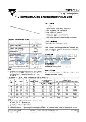 23226261 datasheet - NTC Thermistors, Glass Encapsulated Miniature Bead