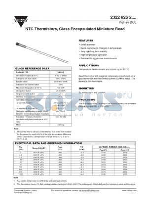 232262622105 datasheet - NTC Thermistors, Glass Encapsulated Miniature Bead