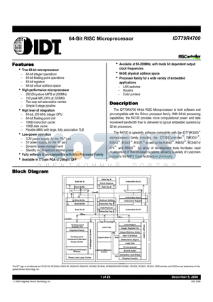 79RV4700-175DP datasheet - 64-Bit RISC Microprocessor