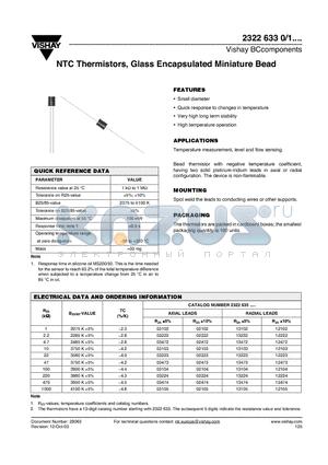 232263302222 datasheet - NTC Thermistors, Glass Encapsulated Miniature Bead