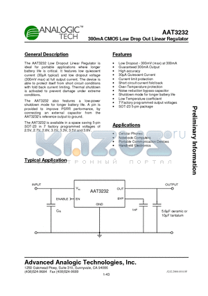 AAT3232IGV-3.0-T1 datasheet - 300mA CMOS Low Drop Out Linear Regulator