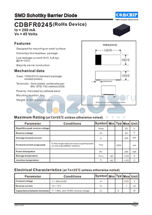 CDBFR0245 datasheet - SMD Schottky Barrier Diode