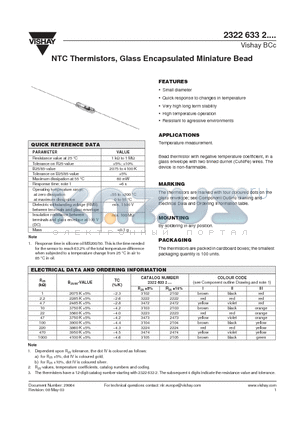 232263322102 datasheet - NTC Thermistors, Glass Encapsulated Miniature Bead