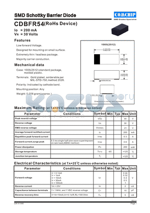 CDBFR54 datasheet - SMD Schottky Barrier Diode