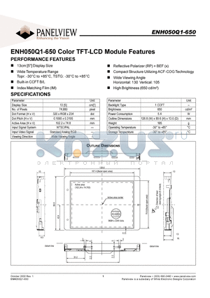 ENH050Q1-650 datasheet - ENH050Q1-650 COLOR THT-LCD MODULE FEATURES