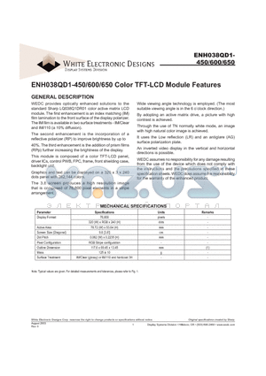 ENH038QD1-650 datasheet - ENH038QD1-450/600/650 Color TFT-LCD Module Features