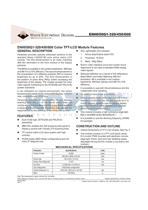 ENH050Q1-320 datasheet - Color TFT-LCD Module Features GENERAL DESCRIPTION