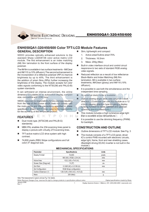 ENH050QA1-320 datasheet - ENH050QA1-320/450/600 Color TFT-LCD Module Features