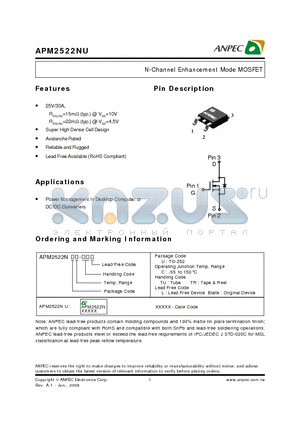 APM2522NU datasheet - N-Channel Enhancement Mode MOSFET