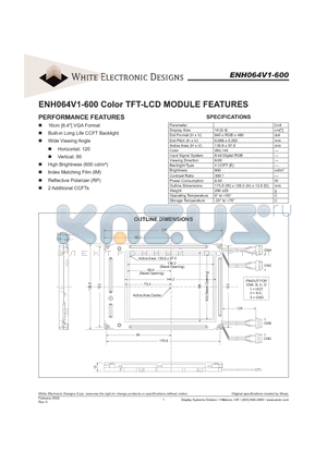 ENH064V1-600 datasheet - Color TFT-LCD MODULE FEATURES