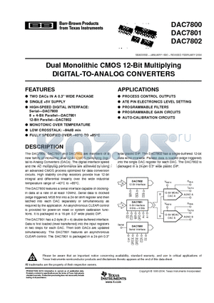 DAC7800 datasheet - Dual Monolithic CMOS 12-Bit Multiplying DIGITAL-TO-ANALOG CONVERTERS