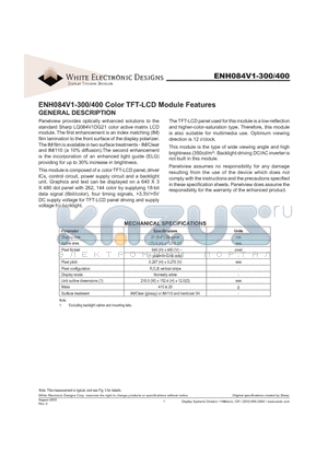 ENH084V1-400 datasheet - Color TFT-LCD Module Features