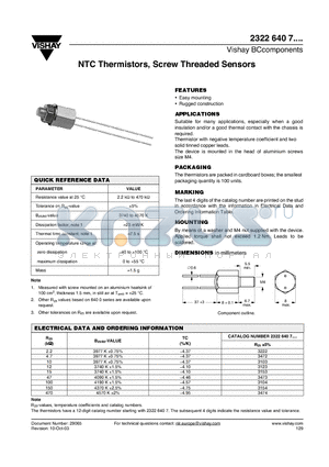 232264073104 datasheet - NTC Thermistors, Screw Threaded Sensors