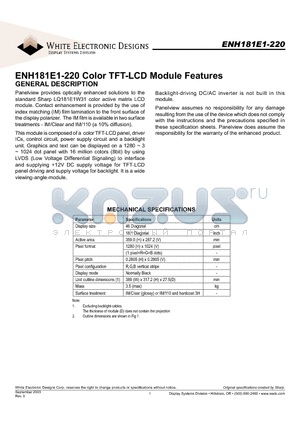 ENH181E1-220 datasheet - Color TFT-LCD Module Features