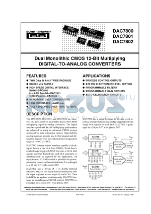 DAC7802K datasheet - Dual Monolithic CMOS 12-Bit Multiplying DIGITAL-TO-ANALOG CONVERTERS