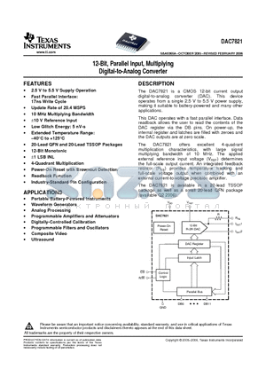 DAC7821IPW datasheet - 12-Bit, Parallel Input, Multiplying Digital-to-Analog Converter