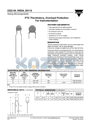 232266093034 datasheet - PTC Thermistors, Overload Protection For Instrumentation