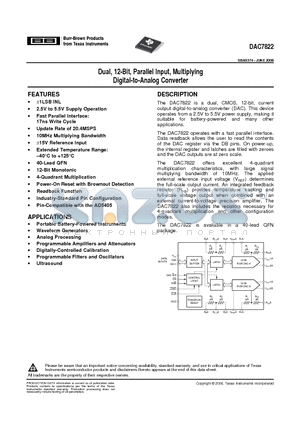 DAC7822IRTAR datasheet - Dual, 12-Bit, Parallel Input, Multiplying Digital-to-Analog Converter