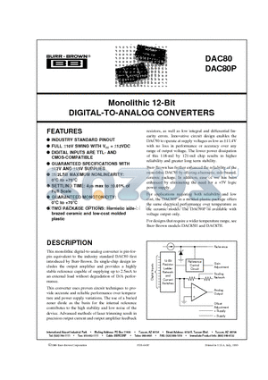 DAC80-CBI-I datasheet - Monolithic 12-Bit DIGITAL-TO-ANALOG CONVERTERS