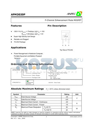 APM3020PUC-TR datasheet - P-Channel Enhancement Mode MOSFET