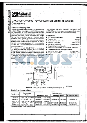 DAC801 datasheet - 8 BIT DIGITAL TO ANALOG CONVERTERS