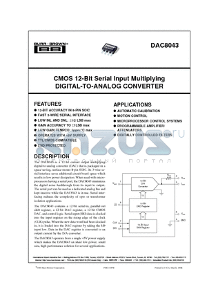 DAC8043 datasheet - CMOS 12-Bit Serial Input Multiplying DIGITAL-TO-ANALOG CONVERTER