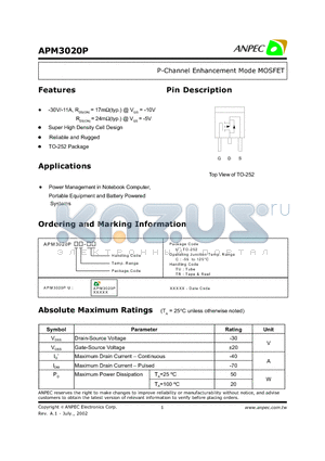 APM3020PU datasheet - P-Channel Enhancement Mode MOSFET