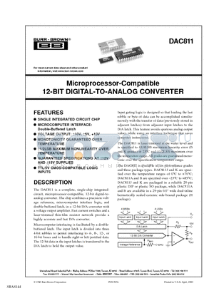 DAC811 datasheet - Microprocessor-Compatible 12-BIT DIGITAL-TO-ANALOG CONVERTER