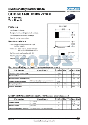 CDBK0140L datasheet - SMD Schottky Barrier Diode