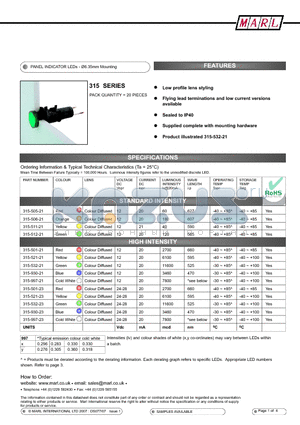 315-501-20-13 datasheet - PANEL INDICATOR LEDs - 6.35mm Mounting