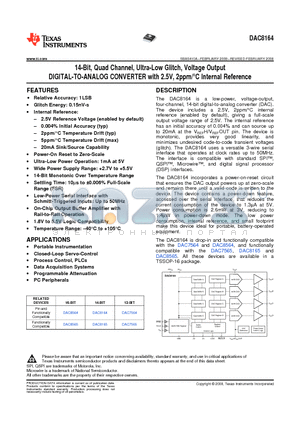 DAC8164A datasheet - 14-Bit, Quad Channel, Ultra-Low Glitch, Voltage Output DIGITAL-TO-ANALOG CONVERTER with 2.5V, 2ppm/`C Internal Reference