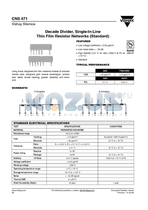 CNS471Q6 datasheet - Decade Divider, Single-In-Line Thin Film Resistor Networks (Standard)