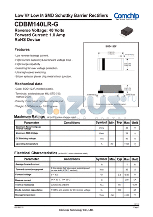 CDBM140LR-G datasheet - Low VF Low IR SMD Schottky Barrier Rectifiers